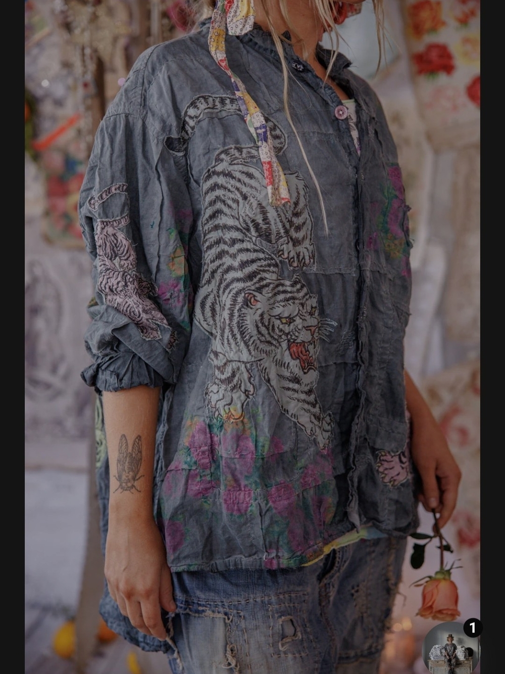 Magnolia Pearl Gray Tiger Print Jean Jacket with Floral Accents